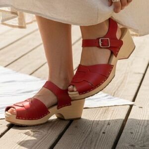 Lotta from Stockholm Greta Red Leather Peep Toe Sandal Clogs EU 40 US 9